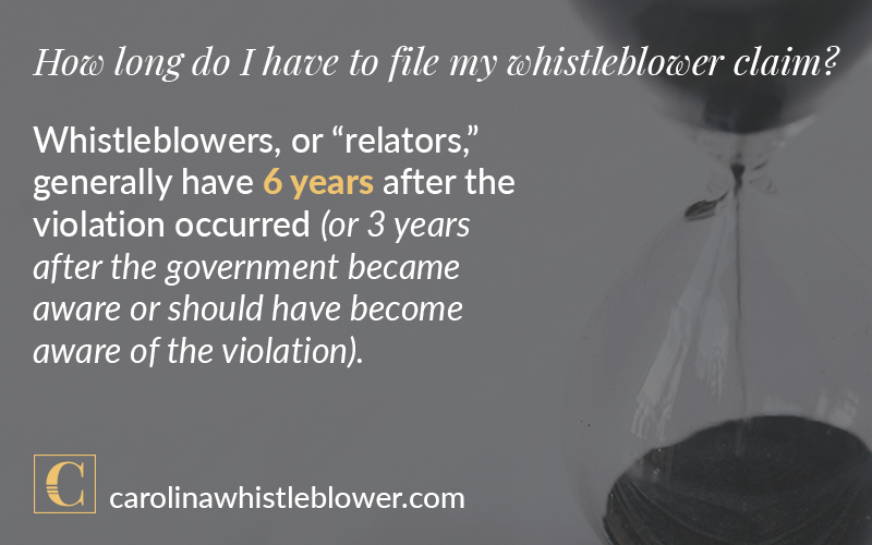 Whistleblowers or relators generally have 6 years after the violation occurred to file their claim.